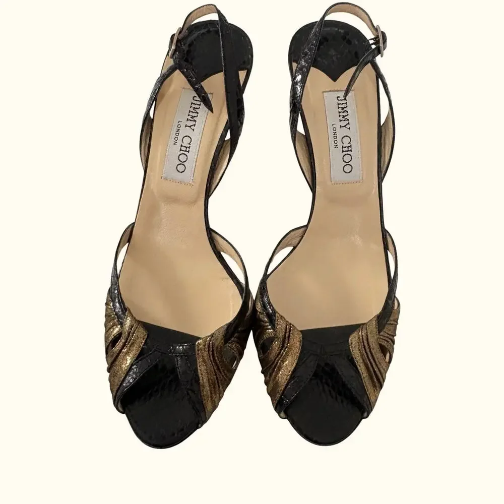 Jimmy Choo Snakeskin Print Leather Strappy High Heels Slingback Glam Party 38.5